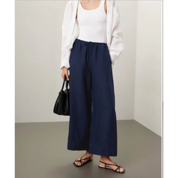 Onia Air Linen Navy Blue Wide Leg Drawstring Trousers - Size S - Picture 2 of 6